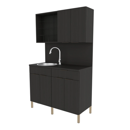 A black color dispensary unit with metal legs, featuring a sink and upper color cubbies, with a modular design.