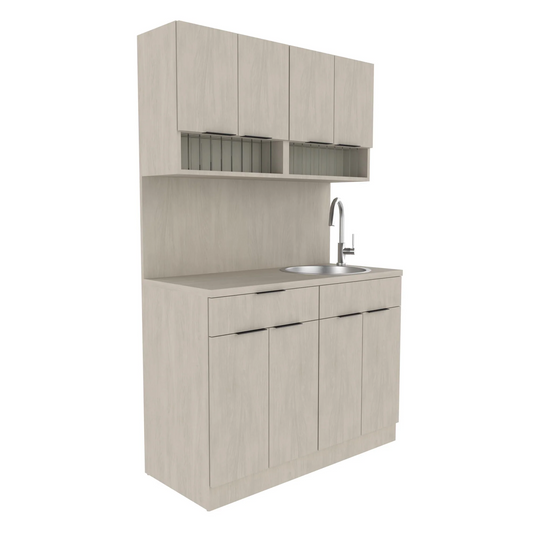A 48-inch Collins color dispensary with sink and color cubbies/storage combo. The unit is made of wood with a light gray finish, featuring upper and lower cabinets, a stainless-steel sink, and multiple color cubbies.