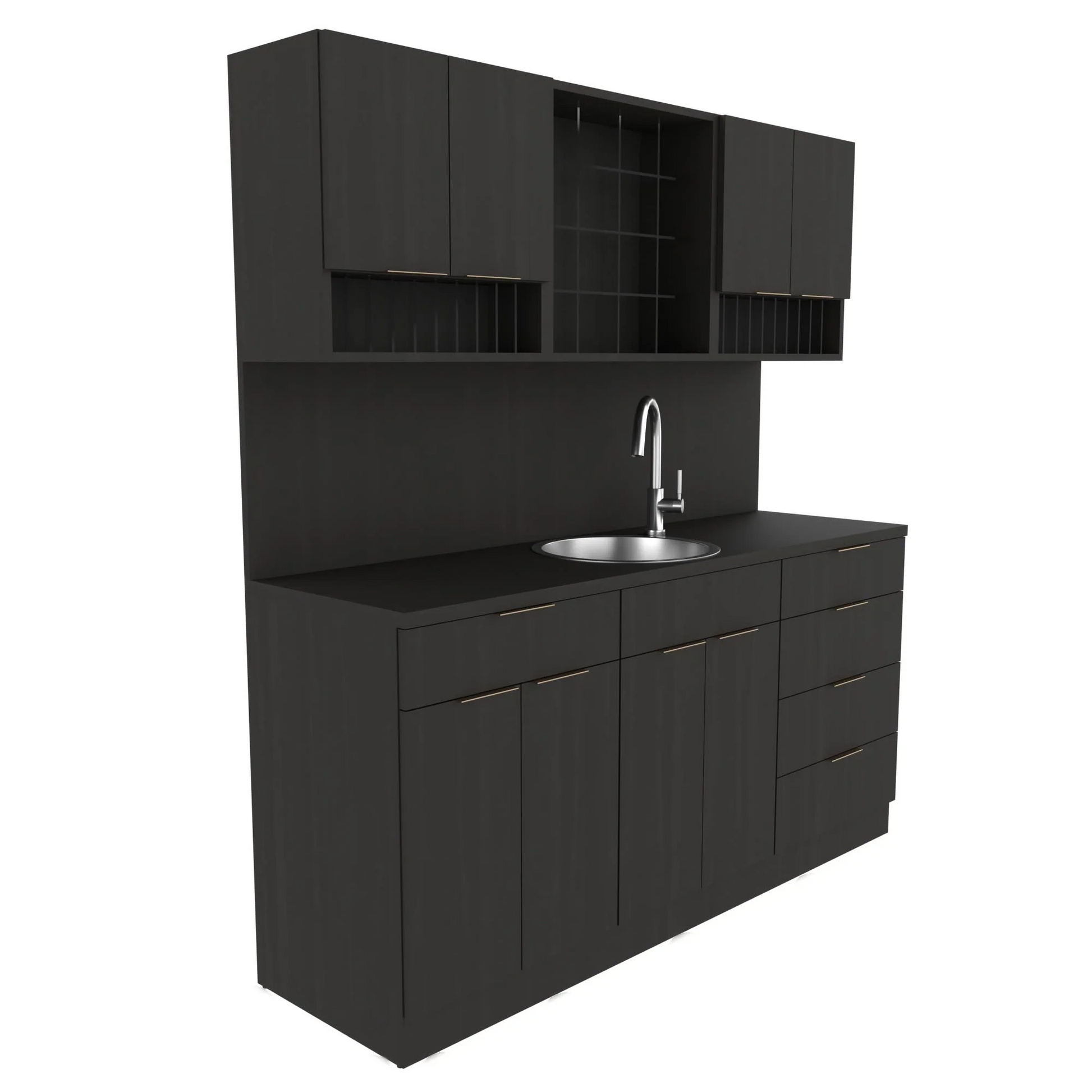 A black color dispensary unit with cabinets and a sink, designed for salon use.