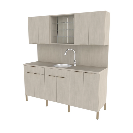 A large Collins brand hairdressing color dispensary station with metal legs, featuring upper and lower cabinets, a sink, and a pull-out faucet.