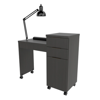A tall black nail table with a bi-level work area, drawers, a cabinet, and casters. It includes a lamp and a padded rest.