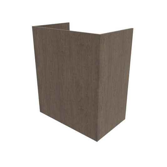 A tall and sleek brown reception desk with a simple design, featuring a generous work area and two storage cabinets.