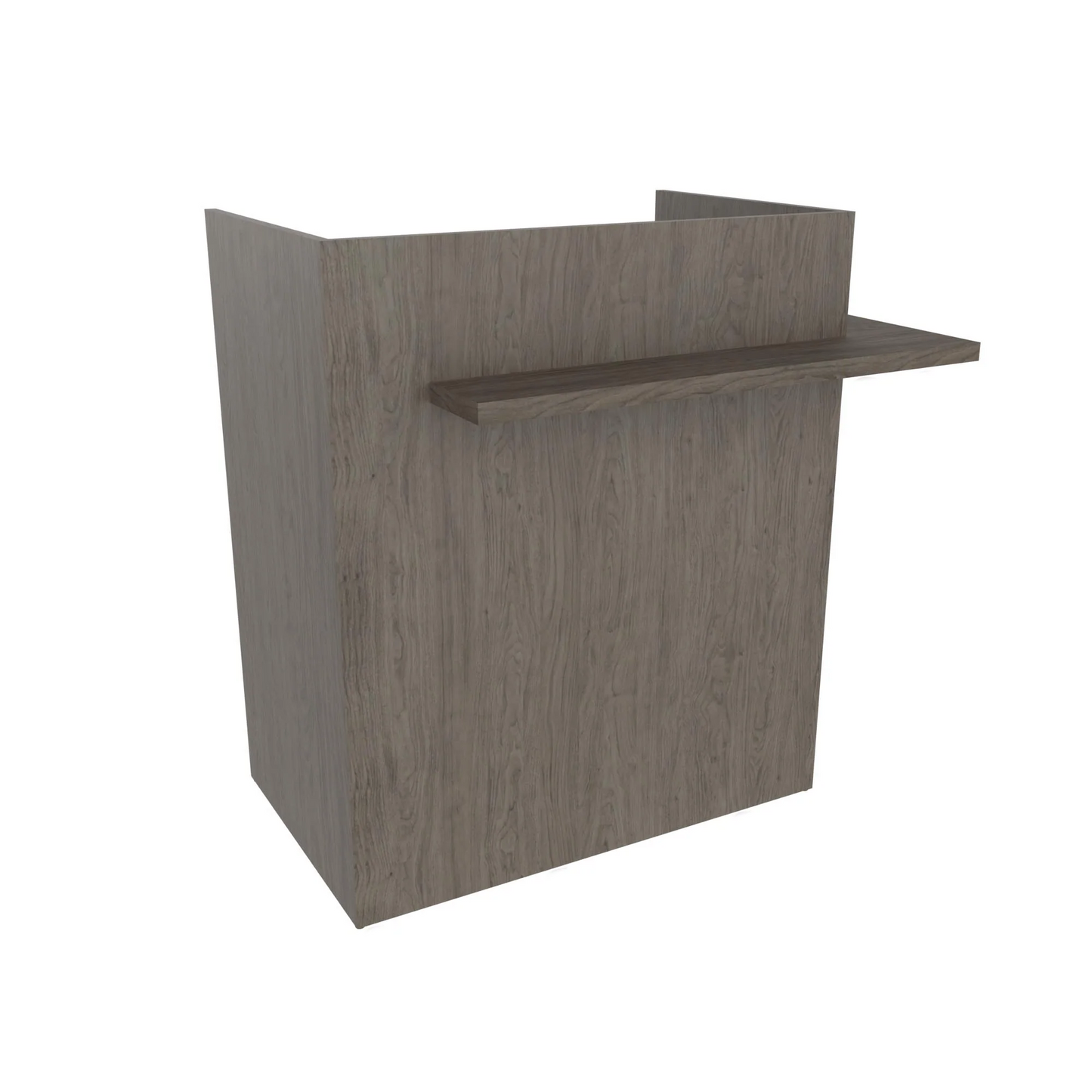 A gray Collins Finley Desk with a wrap-around ledge, made of wood, with a simple, modern design.