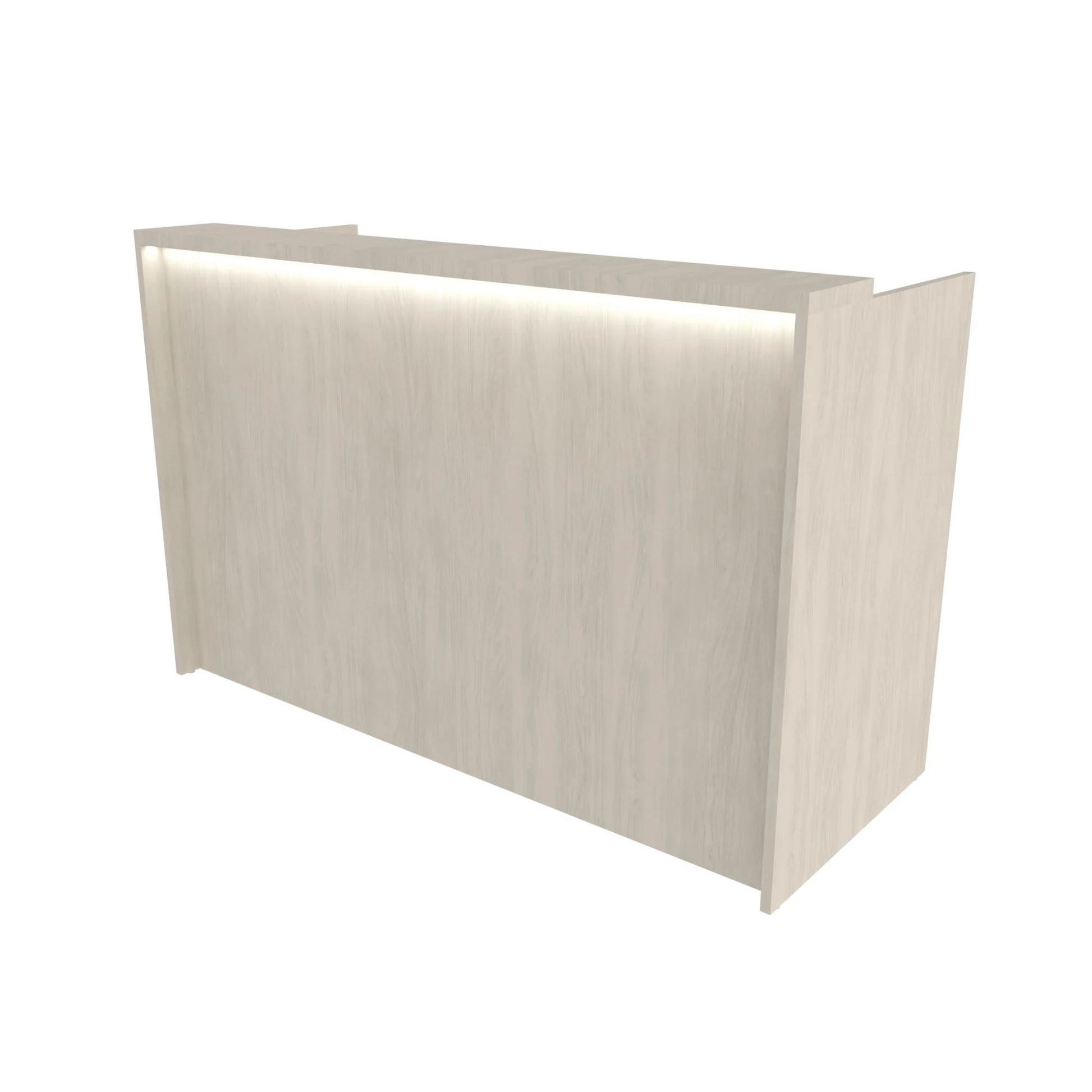 A modern white reception desk with a straight front design, featuring an LED accent light.