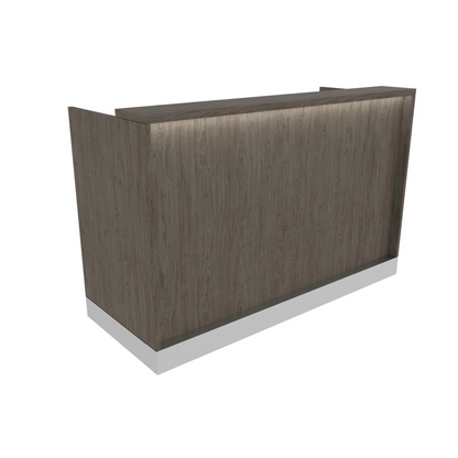 A modern Nico reception desk with gray finish, LED accent light, and metal accent toe-kick.