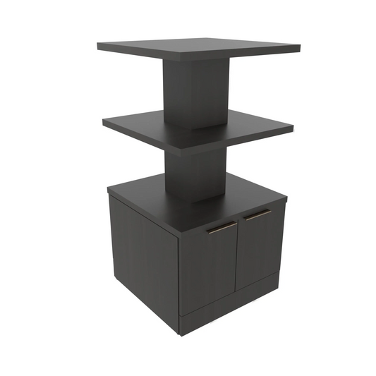A three-tiered black retail display with a storage cabinet, finished in a sleek modern style.