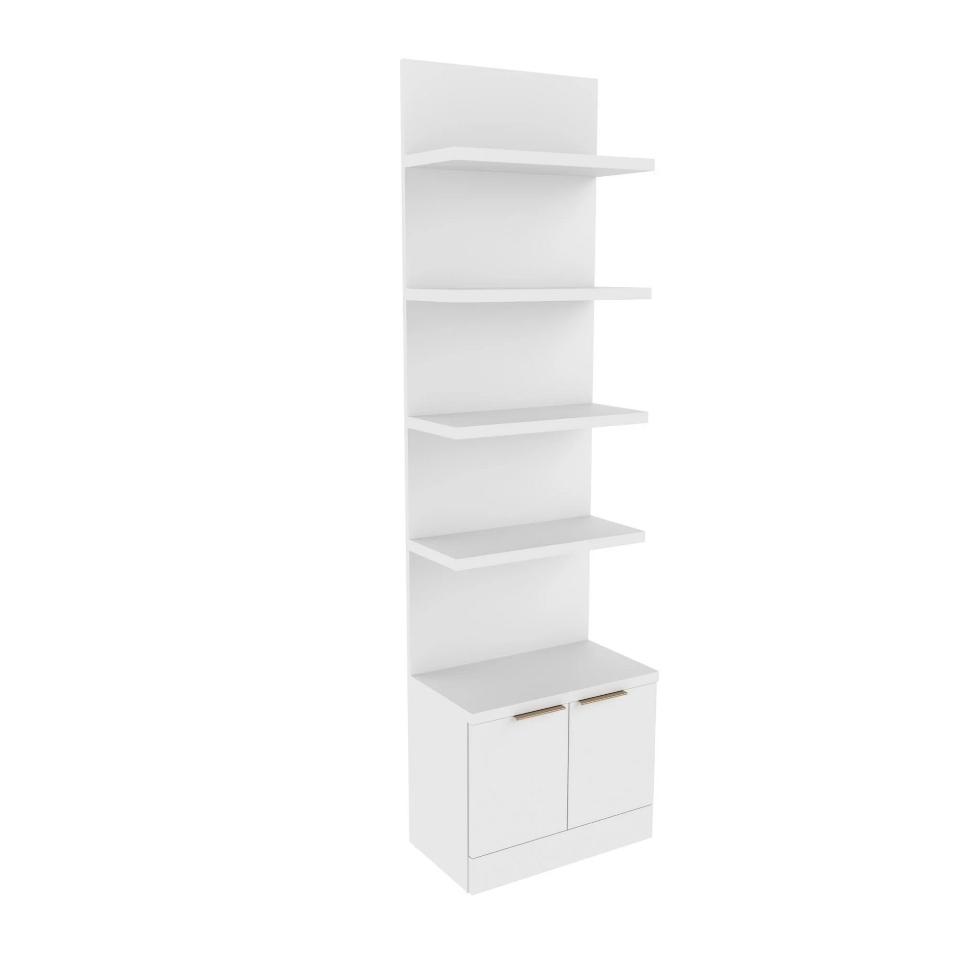 A white Collins Aspen Floating Shelf Retail Unit with four floating shelves and a lower cabinet with two doors.
