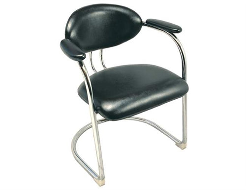 A black vinyl upholstered reception chair with a chrome frame and armrests.