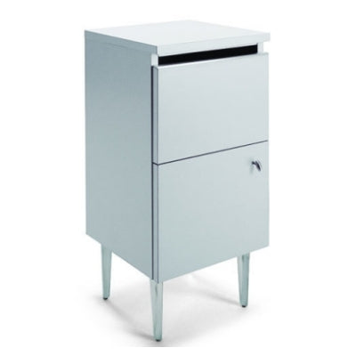 Professional hair salon styling cabinet with integrated storage shelves