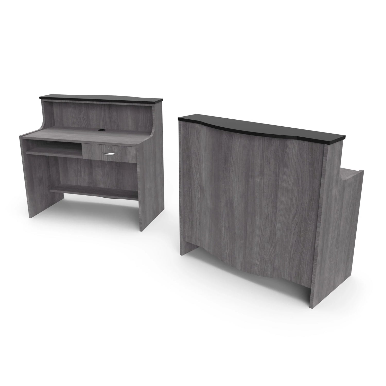 A professional reception desk with a gray finish, featuring a closed storage compartment on the left and an open shelf on the right, with a solid, dark-colored surface.
