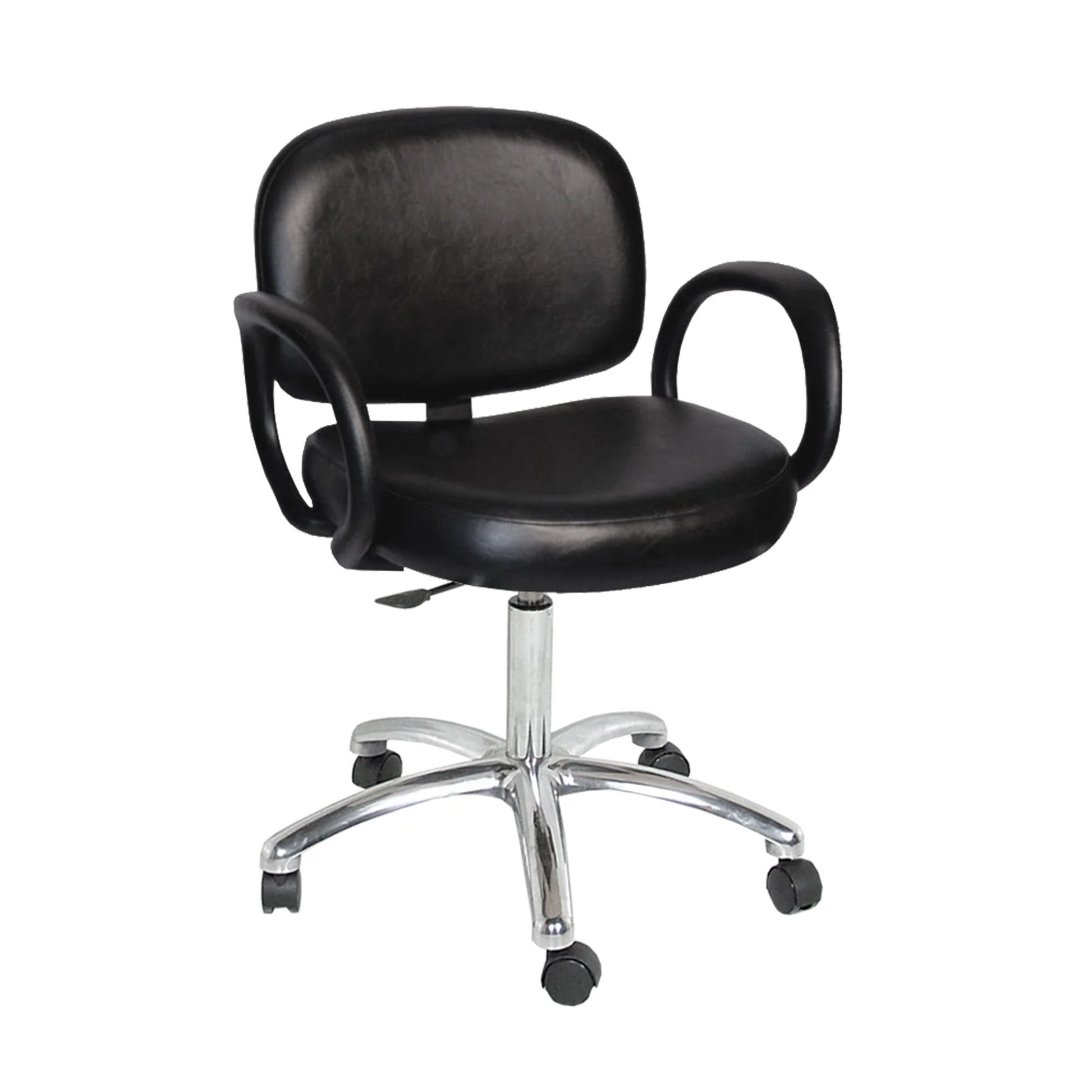 A black Collins Kiva Task Chair with padded seat and back cushions, flared circular urethane arms, and a metal base with caster wheels.