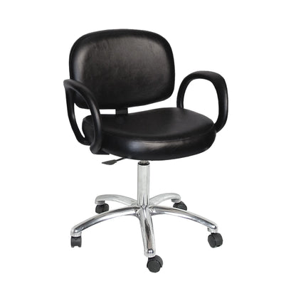 A black Collins Kiva Task Chair with padded seat and back cushions, flared circular urethane arms, and a metal base with caster wheels.
