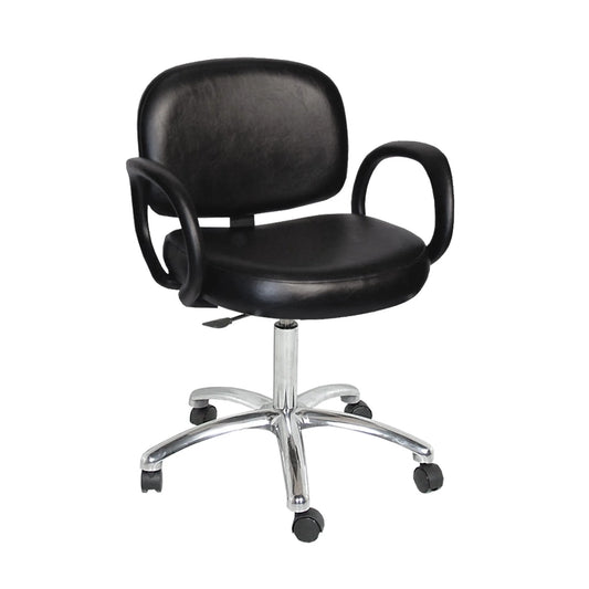A black Collins Kiva Task Chair with padded seat and back cushions, flared circular urethane arms, and a metal base with caster wheels.