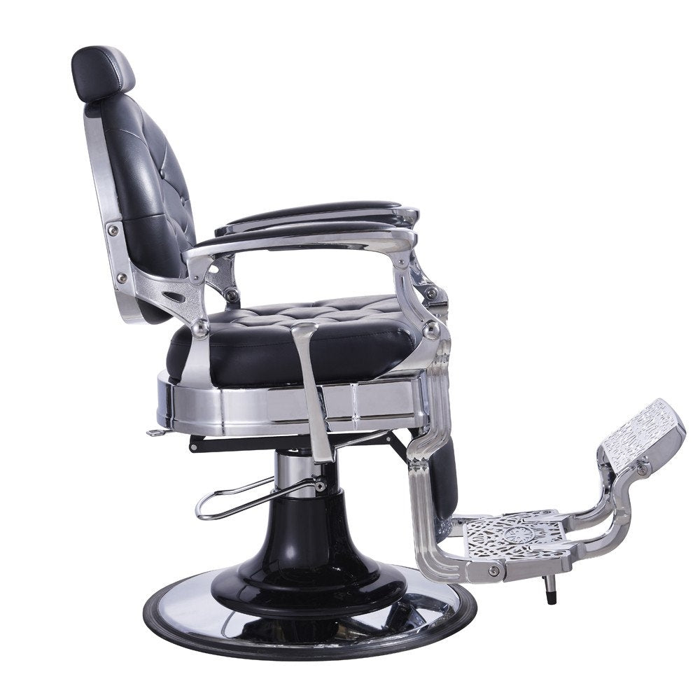 Vanquish barber chair with a bold, modern design, featuring a sturdy base and padded seating.