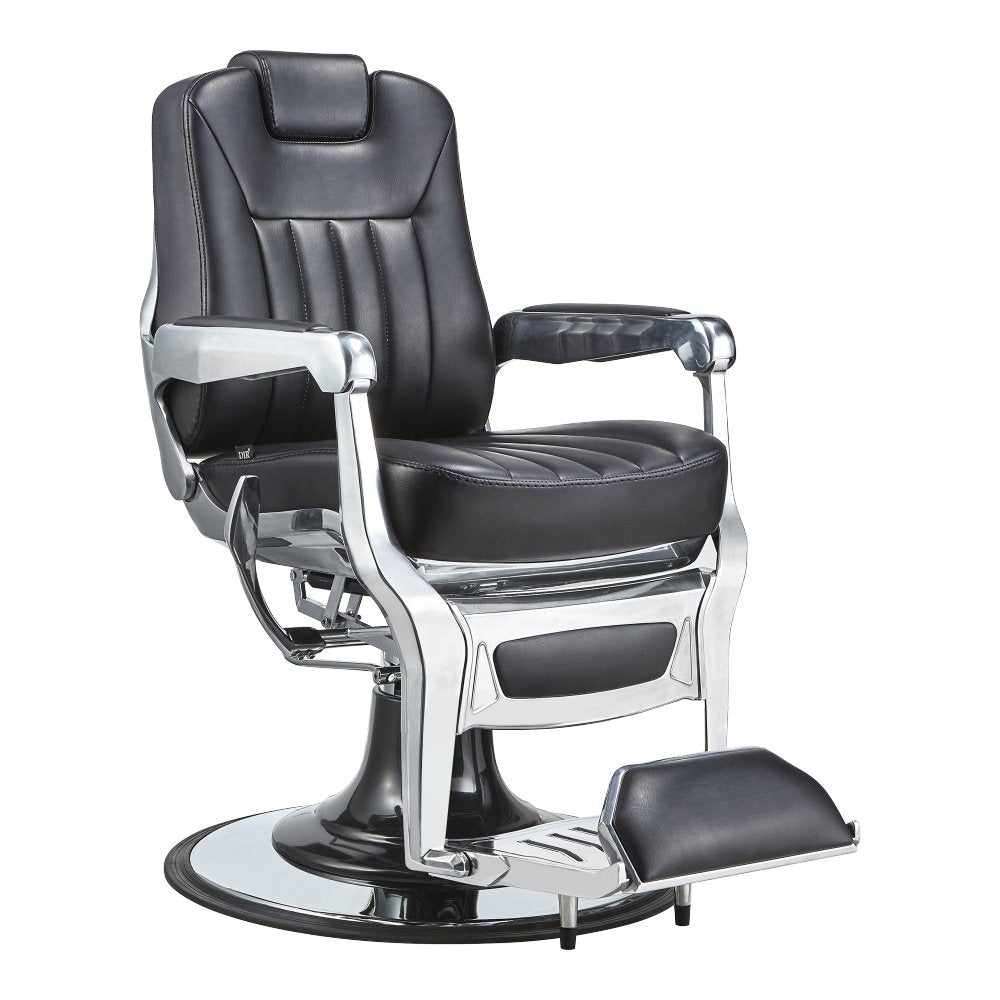 A modern, reclining barber chair with a chrome-polished metal frame and black high-grade faux leather upholstery. It features padded arm and calf rest, with a secure locking mechanism.