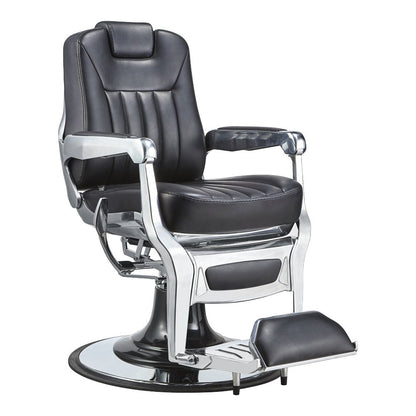 A modern, reclining barber chair with a chrome-polished metal frame and black high-grade faux leather upholstery. It features padded arm and calf rest, with a secure locking mechanism.