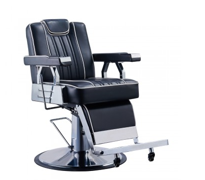 A contemporary styled barber chair with black faux leather upholstery, chrome base and details, equipped with an adjustable footrest, backrest and headrest.