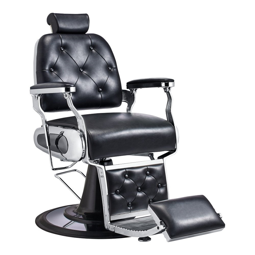 A black DIIR Excel Barber Chair with plush cushioning, adjustable back and footrests, and a heavy-duty hydraulic base.