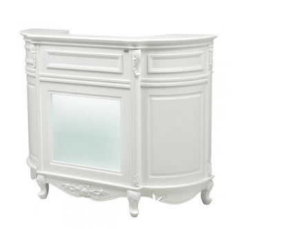 A white reception desk with LED lighting, carved wooden accents, and a lockable drawer.