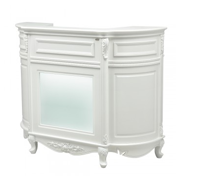 A white reception desk with LED lighting, carved wooden accents, and a lockable drawer.