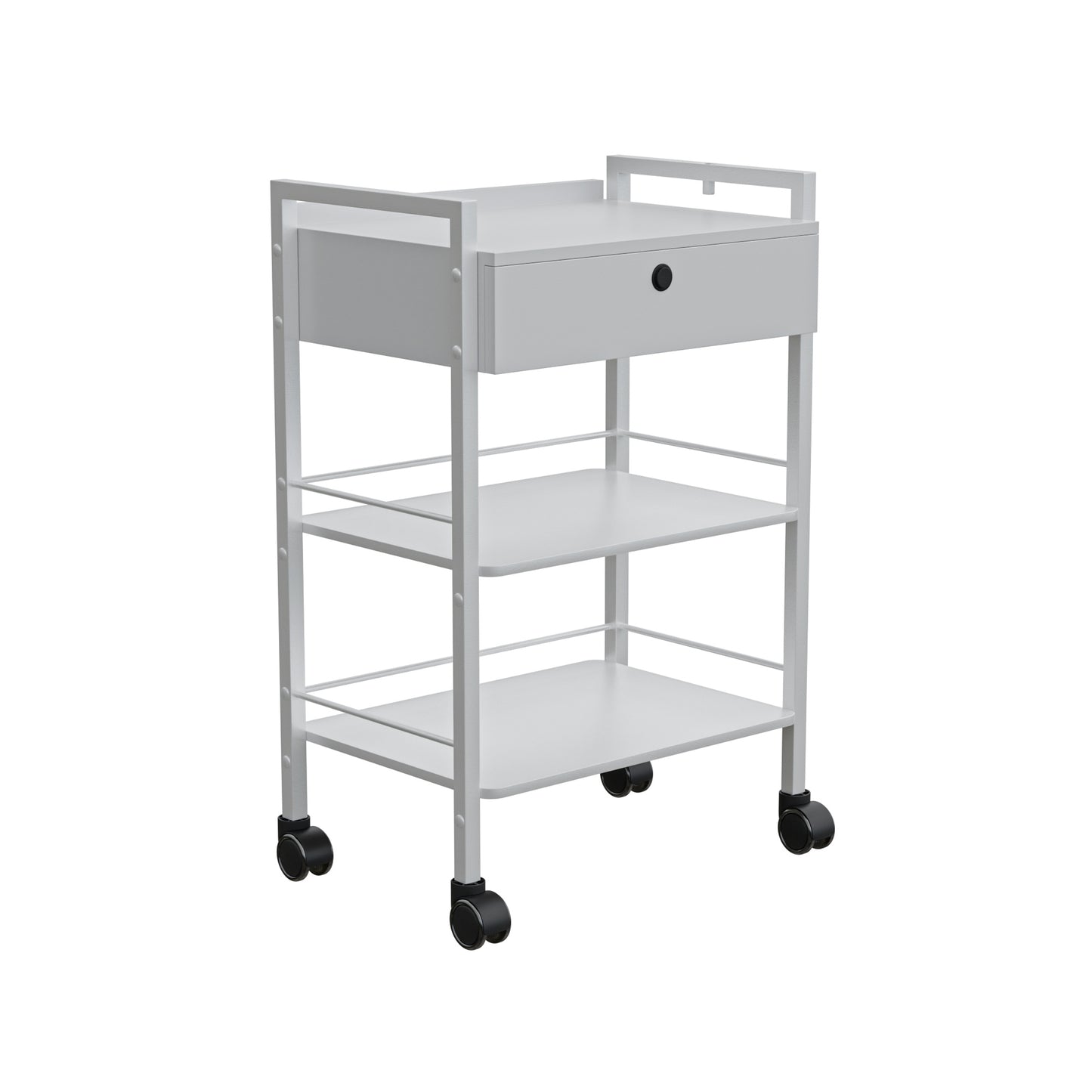 Spa Numa DANTE Beauty Trolley with Locking Drawer and 2 Wooden Shelves – Mobile White Metal Spa Cart with Magnifying Lamp Holder and Shelf Barriers
