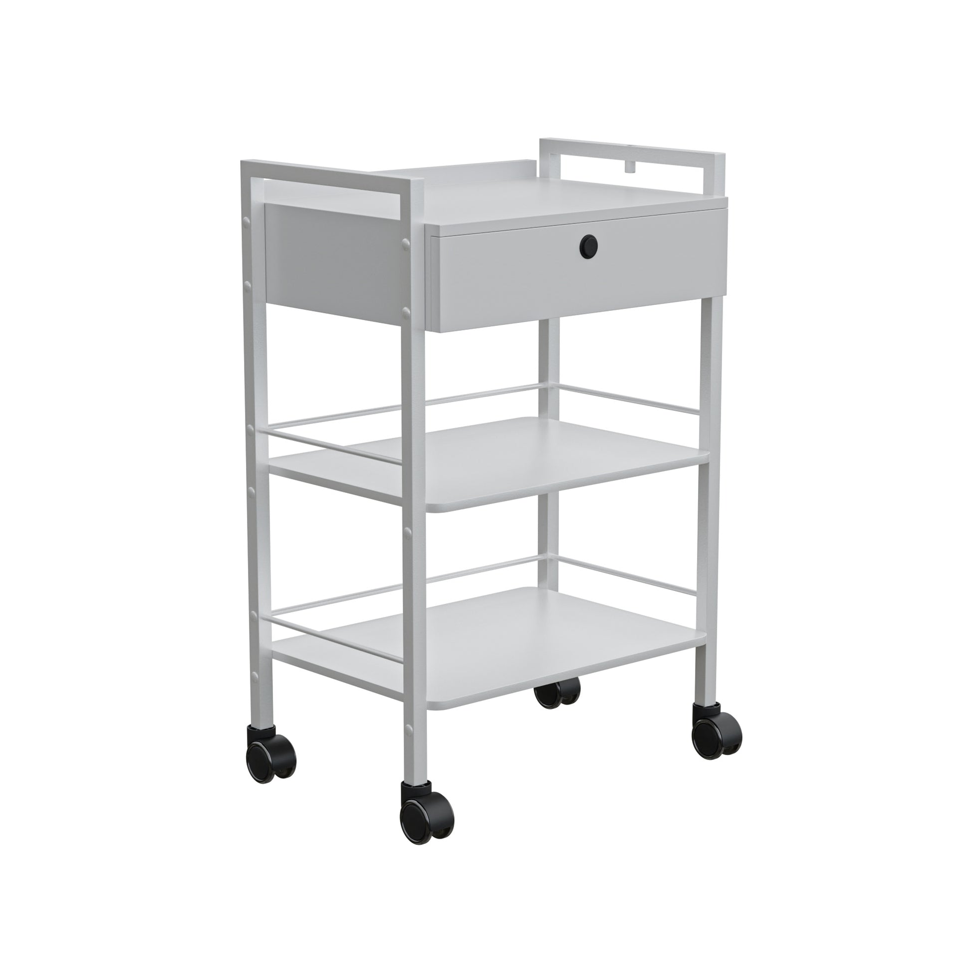 Spa Numa DANTE Beauty Trolley with Locking Drawer and 2 Wooden Shelves – Mobile White Metal Spa Cart with Magnifying Lamp Holder and Shelf Barriers