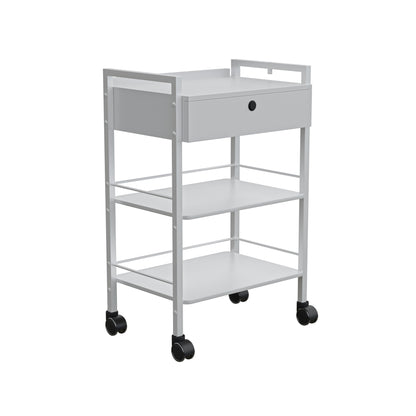 Spa Numa DANTE Beauty Trolley with Locking Drawer and 2 Wooden Shelves – Mobile White Metal Spa Cart with Magnifying Lamp Holder and Shelf Barriers