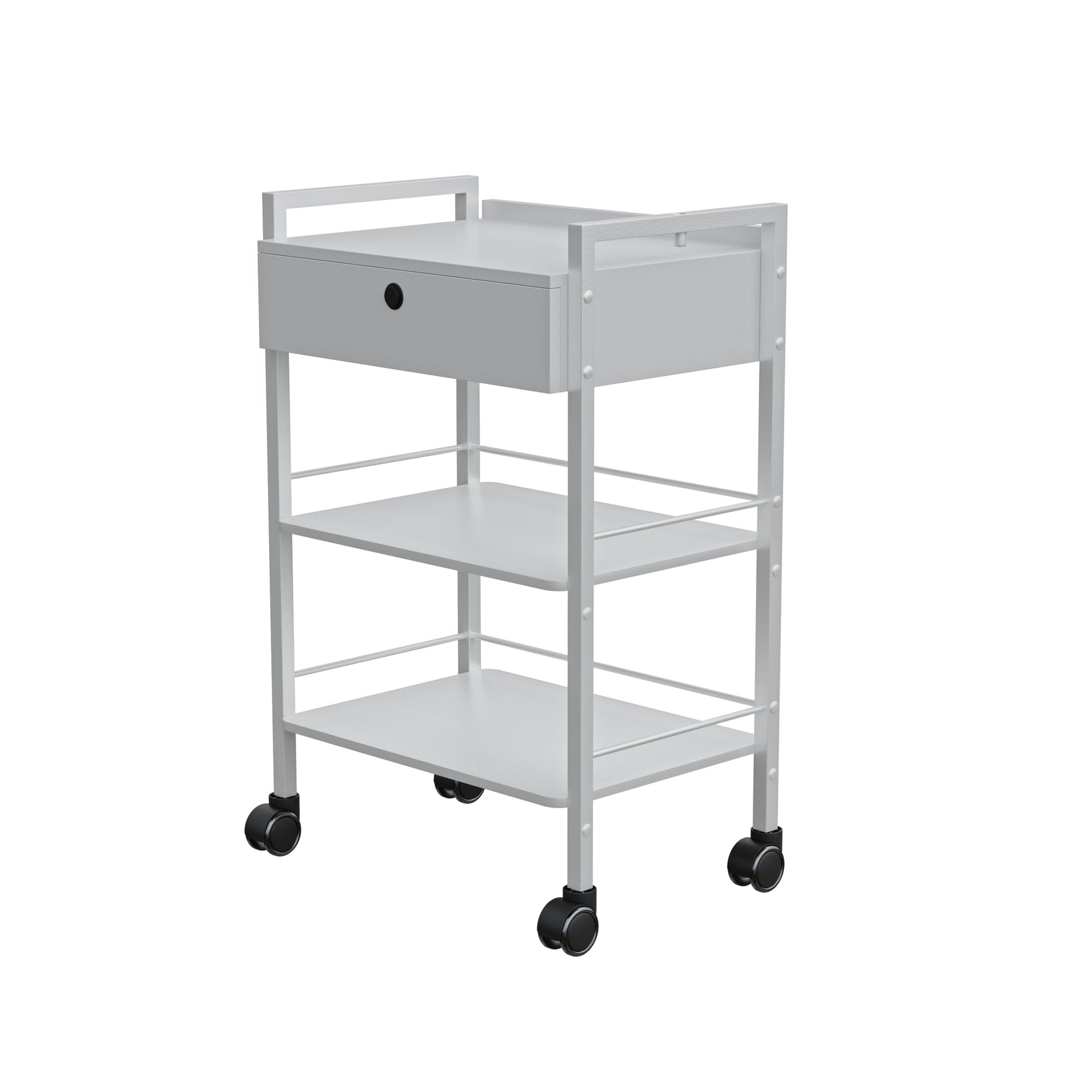 Spa Numa DANTE Beauty Trolley with Locking Drawer and 2 Wooden Shelves – Mobile White Metal Spa Cart with Magnifying Lamp Holder and Shelf Barriers