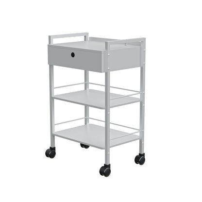 Spa Numa DANTE Beauty Trolley with Locking Drawer and 2 Wooden Shelves – Mobile White Metal Spa Cart with Magnifying Lamp Holder and Shelf Barriers