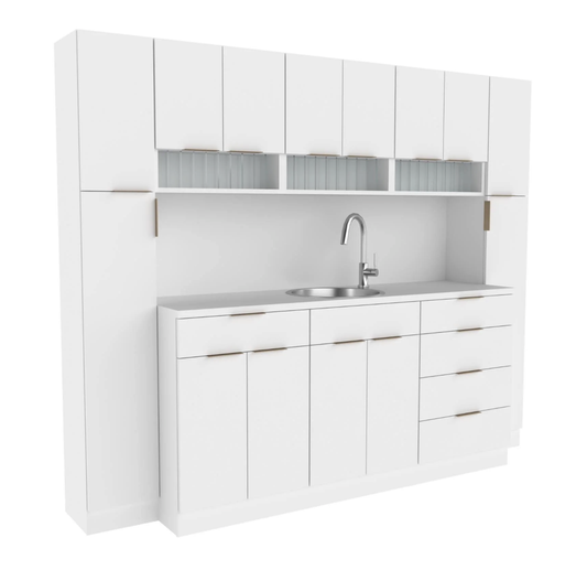 96" CONFIGA - COLOR DISPENSARY WITH SINK AND FLANKING TALL STORAGE CABINETS - E1139-96
