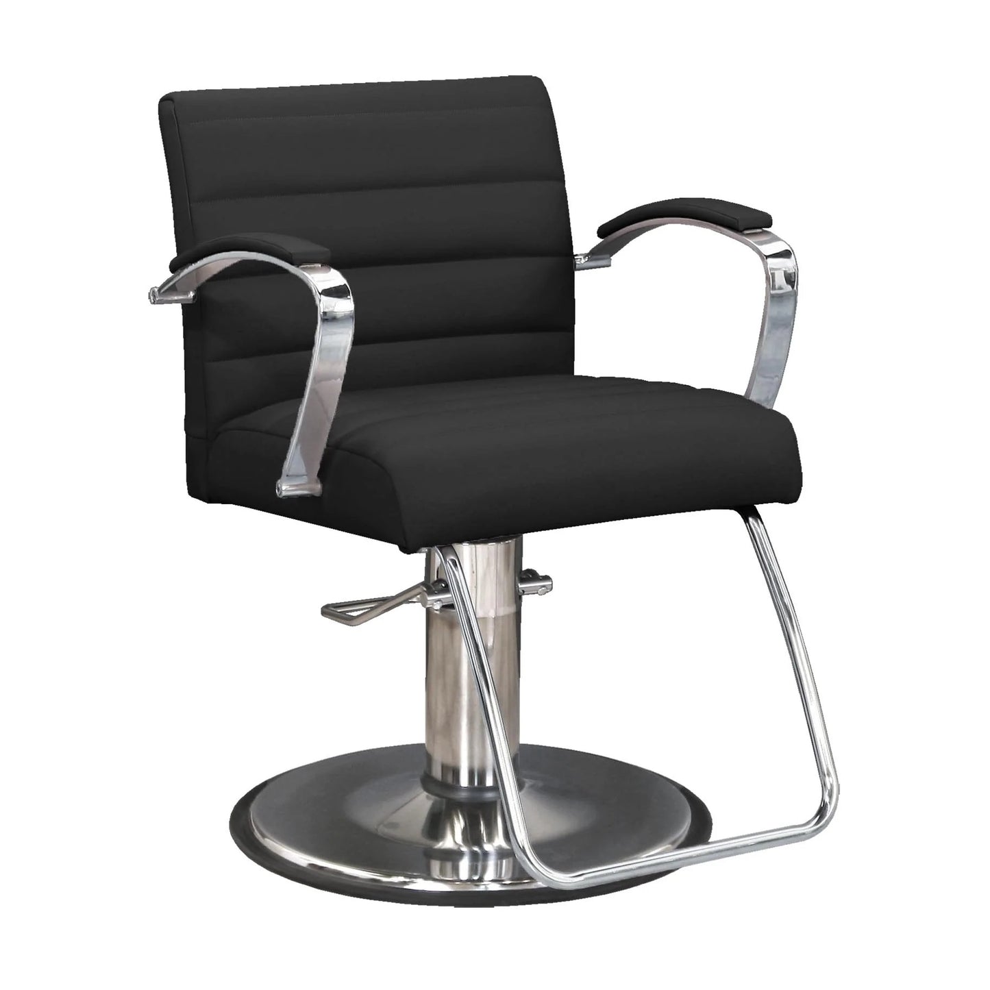 A black hydraulic styling chair with stainless steel arms and base.