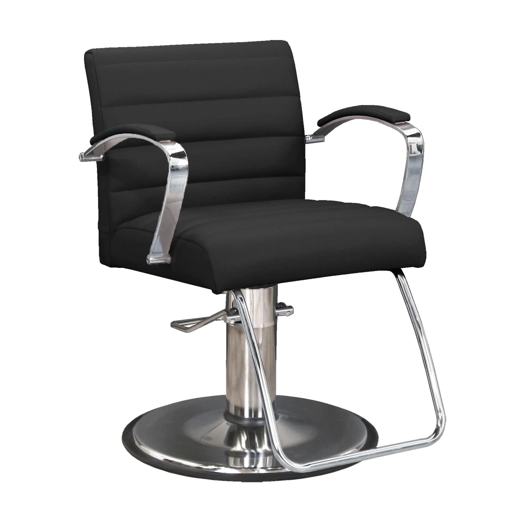 A black hydraulic styling chair with stainless steel arms and base.