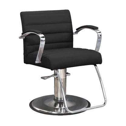 A black hydraulic styling chair with stainless steel arms and base.