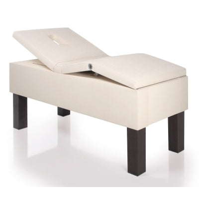 Contemporary spa massage system with wood base and cushioned surface