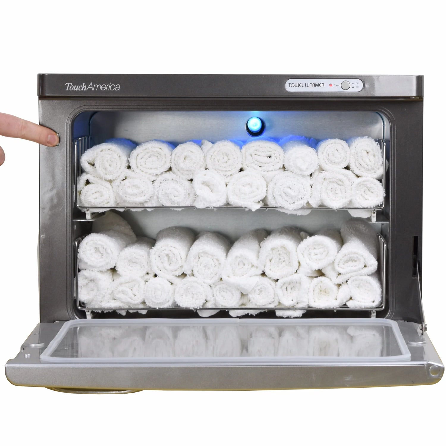 Compact TouchAmerica hot towel warmer cabinet for professional spas