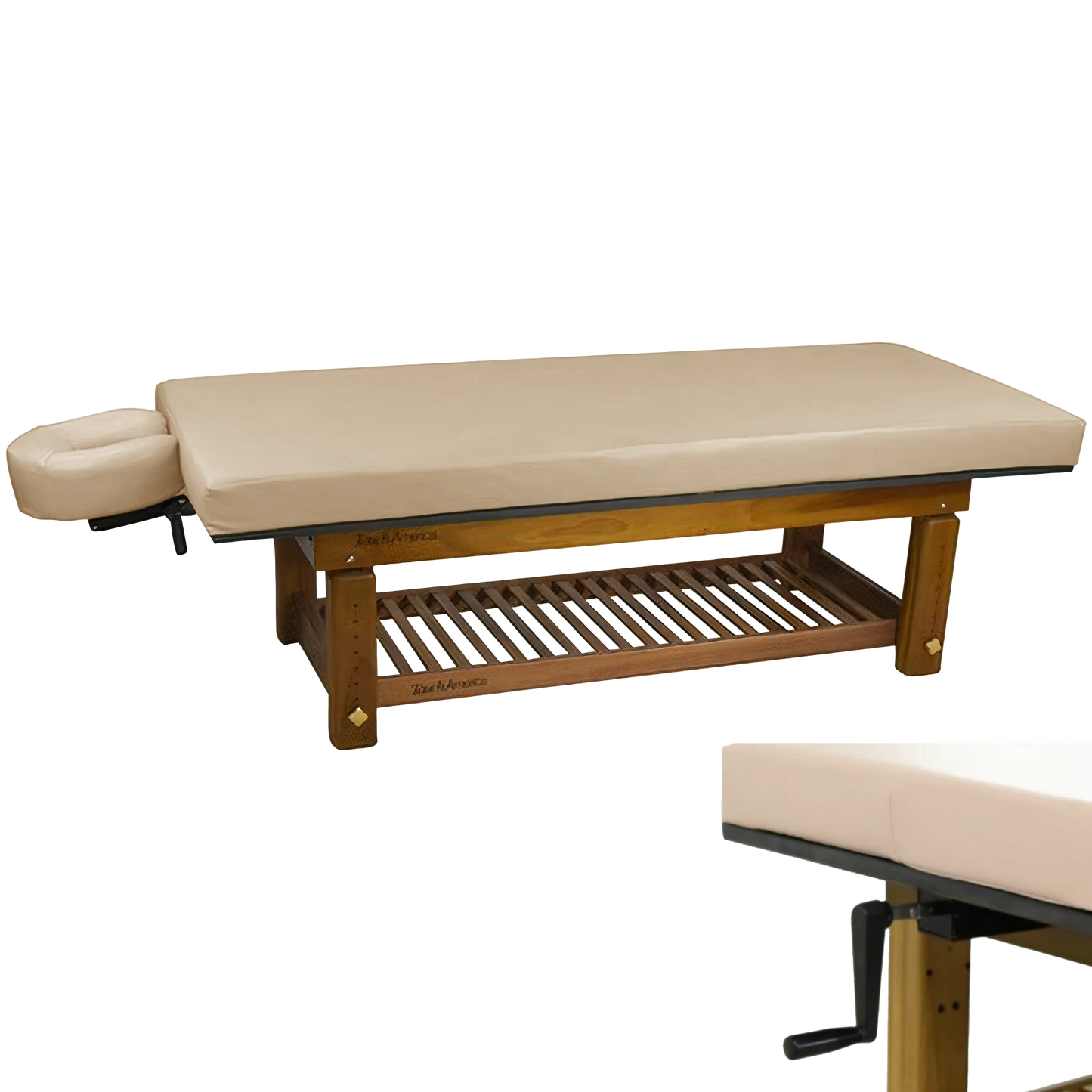 Adjustable teak massage table Solterra model by TouchAmerica for comfort and stability