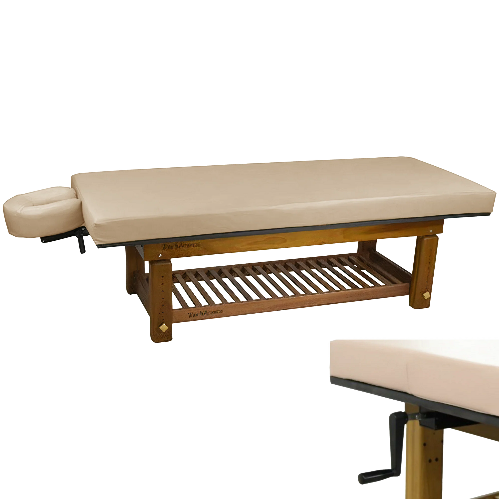 Adjustable teak massage table Solterra model by TouchAmerica for comfort and stability