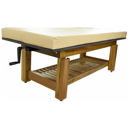 TouchAmerica Solterra teak massage table with reinforced frame for stability and comfort