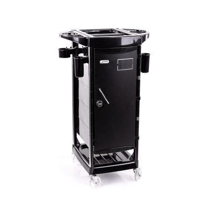A black Jeffco San Francisco trolley with acrylic casters, featuring a locking metal door, multiple drawers, and side storage compartments designed for hairdressing and cosmetology storage.