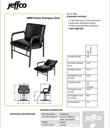 Jeffco Automatic Shampoo Chair