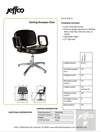 Jeffco Sterling II Lever - Control Shampoo Chair
