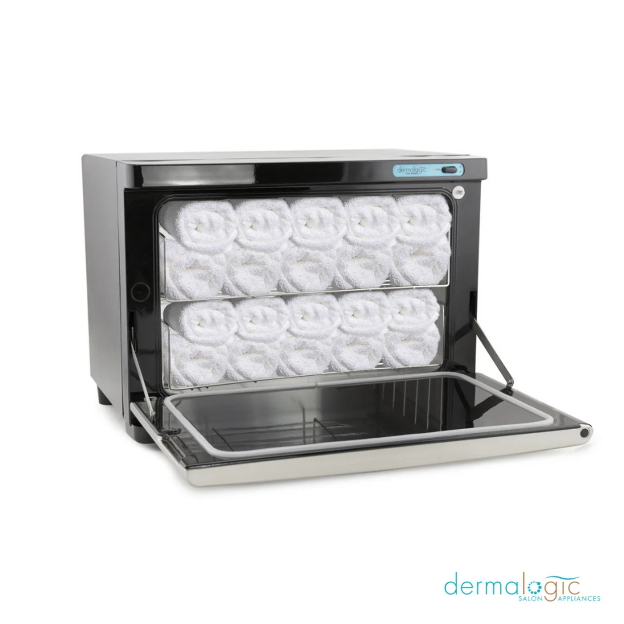 Interior view of AYC Dermalogic 20L Stainless Steel Towel Warmer with removable racks