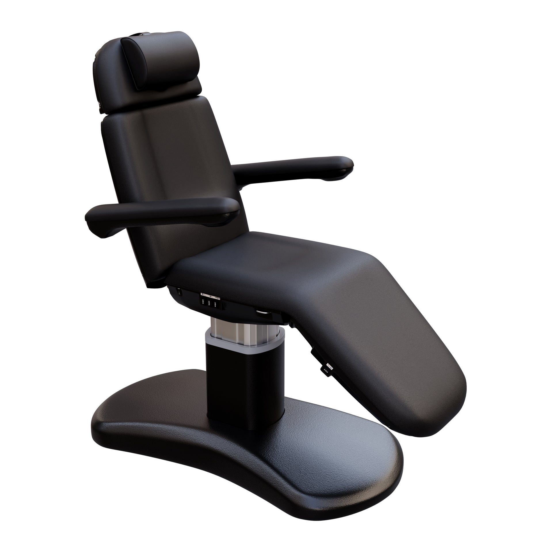 Spa Numa LUCENT 4 motor electric treatment chair with black pedestal base, vegan leather upholstery, Trendelenburg position, and adjustable armrests—perfect for luxury spas, facial treatments, and compact medspa rooms.