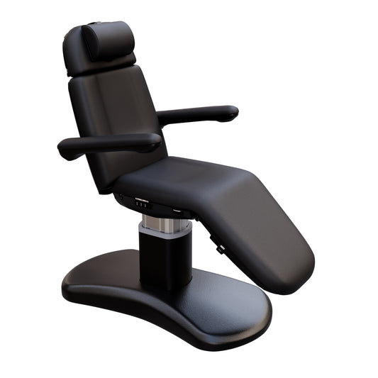 Spa Numa LUCENT 4 motor electric treatment chair with black pedestal base, vegan leather upholstery, Trendelenburg position, and adjustable armrests—perfect for luxury spas, facial treatments, and compact medspa rooms.