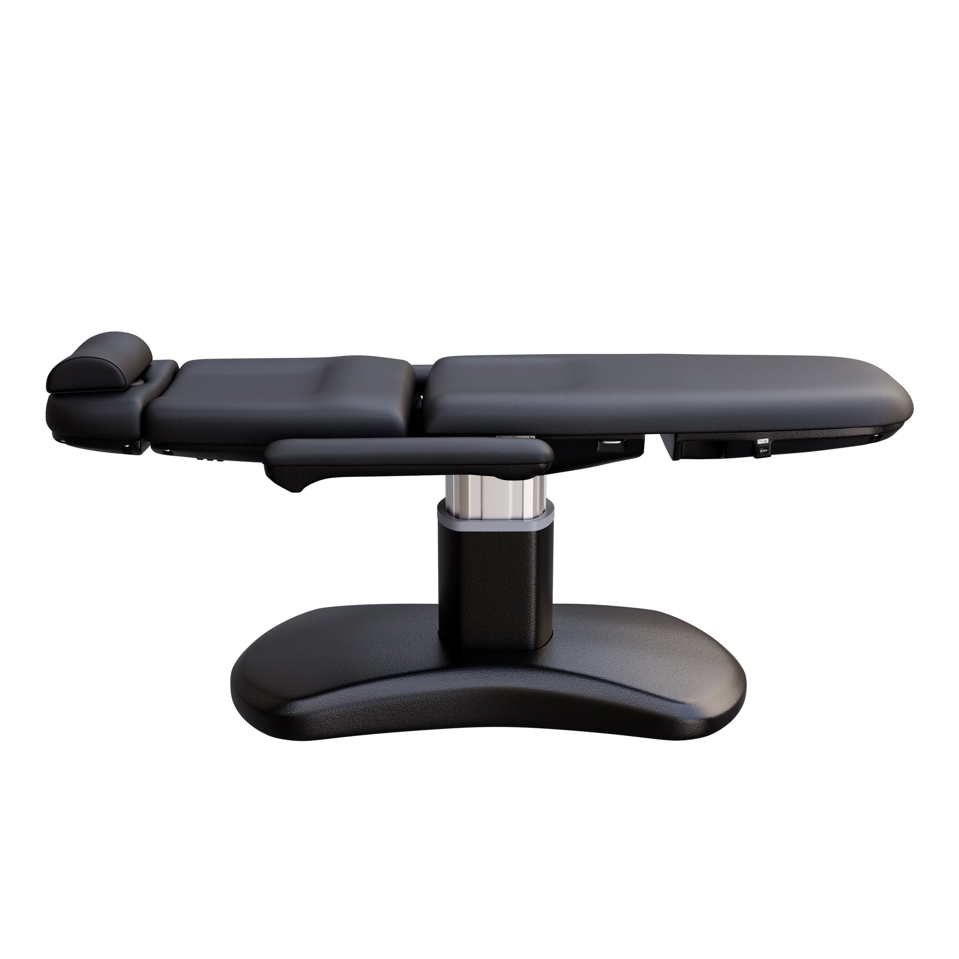 Spa Numa LUCENT 4 motor electric treatment chair with black pedestal base, vegan leather upholstery, Trendelenburg position, and adjustable armrests—perfect for luxury spas, facial treatments, and compact medspa rooms.