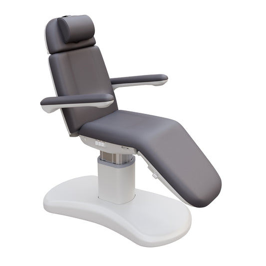 Spa Numa LUCENT 4 motor luxury electric treatment chair with pedestal base, Trendelenburg function, reversible armrests, and vegan leather upholstery—perfect for facials, medspa treatments, and compact spa rooms.