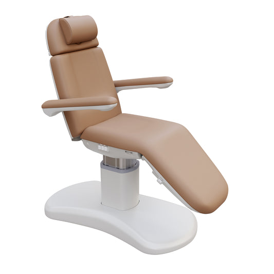 Spa Numa LUCENT 4 motor luxury electric spa treatment chair with pedestal column base, reversible armrests, Trendelenburg position, extendable headrest, and vegan leather upholstery—ideal for facials, medspa treatments, and high-end salon services in compact spaces.