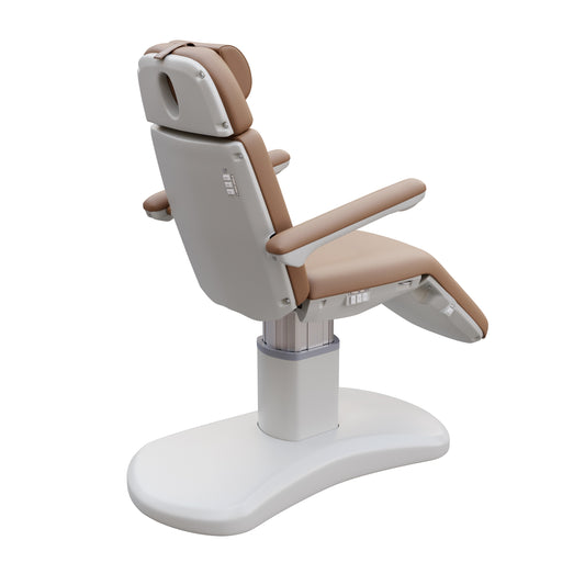 Spa Numa LUCENT 4 motor luxury electric spa treatment chair with pedestal column base, reversible armrests, Trendelenburg position, extendable headrest, and vegan leather upholstery—ideal for facials, medspa treatments, and high-end salon services in compact spaces.