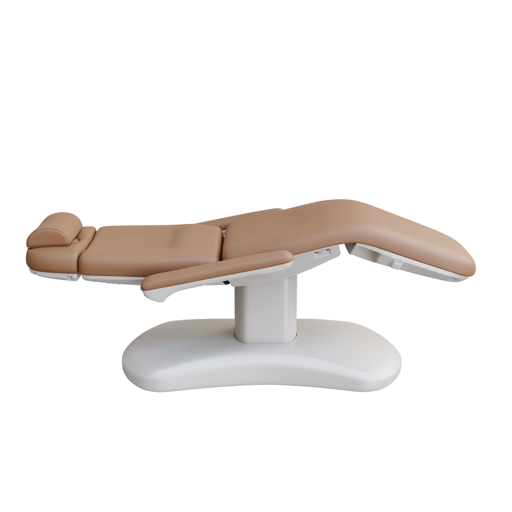 Spa Numa LUCENT 4 motor luxury electric spa treatment chair with pedestal column base, reversible armrests, Trendelenburg position, extendable headrest, and vegan leather upholstery—ideal for facials, medspa treatments, and high-end salon services in compact spaces.