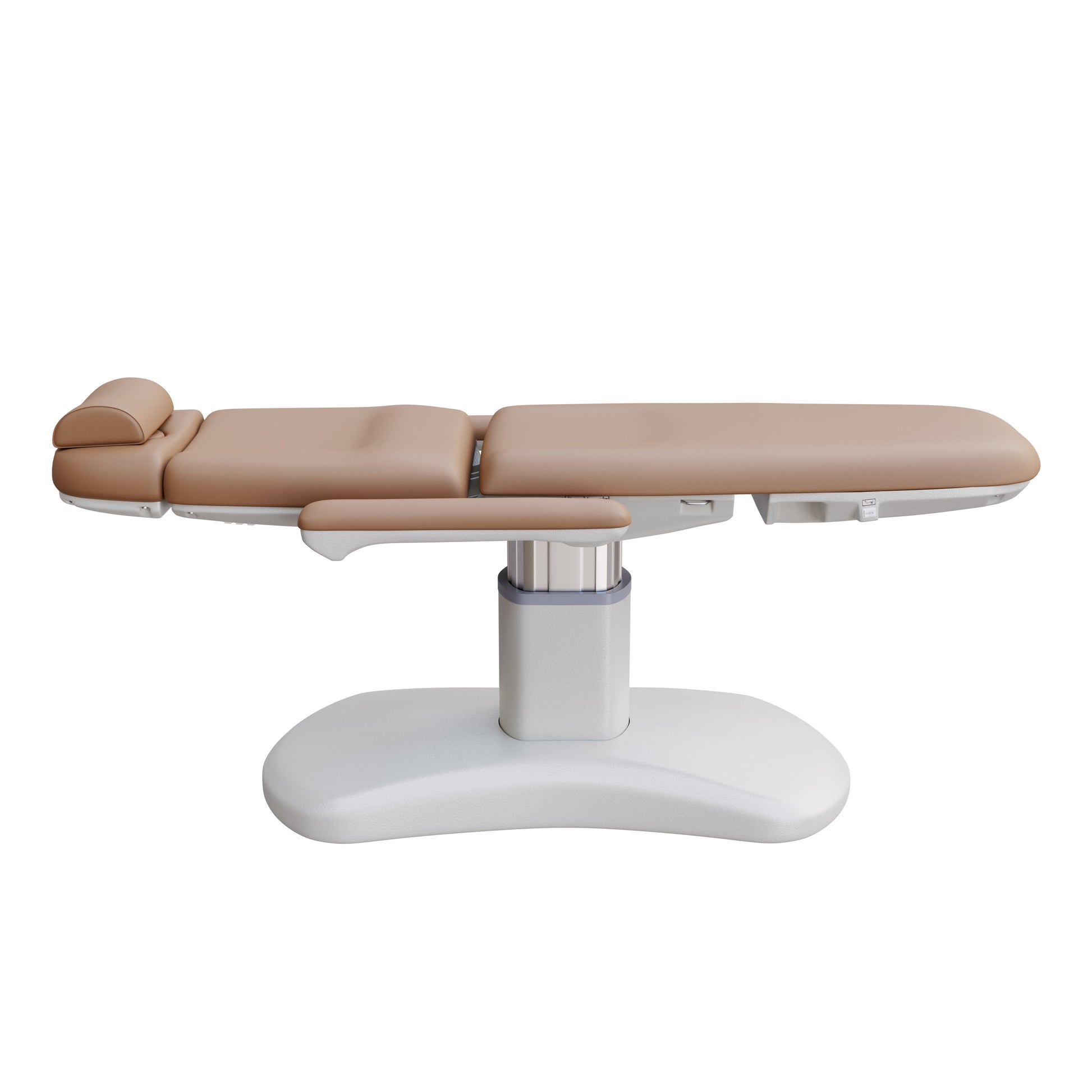 Spa Numa LUCENT 4 motor luxury electric spa treatment chair with pedestal column base, reversible armrests, Trendelenburg position, extendable headrest, and vegan leather upholstery—ideal for facials, medspa treatments, and high-end salon services in compact spaces.